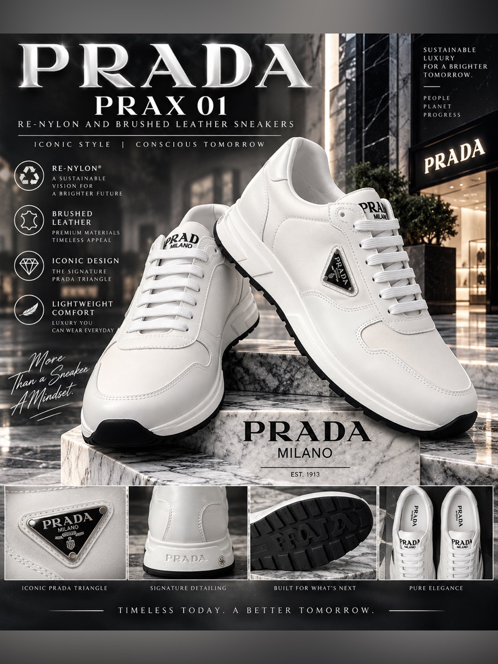 New!🔥Prada Prax 01 Re-Nylon and brushed leather sneakers in “White Colorway!”🔥